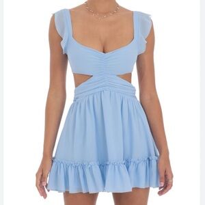 Lucy in the Sky Chiffon Cutout Ruffle Maxi Dress in Blue